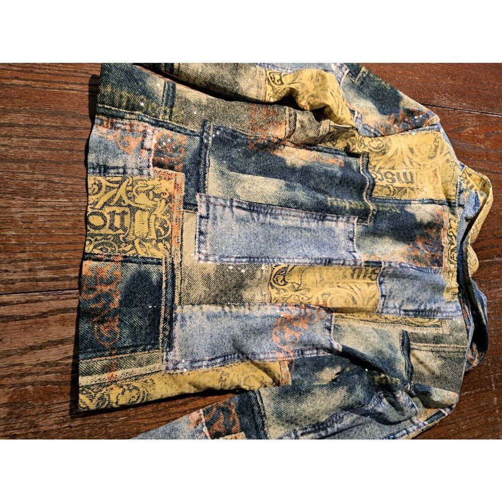 Size 8 Joseph Ribkoff Long Sleeve Zip Faux Denim Shirt Jacket Blue Yellow Orange - Picture 6 of 8